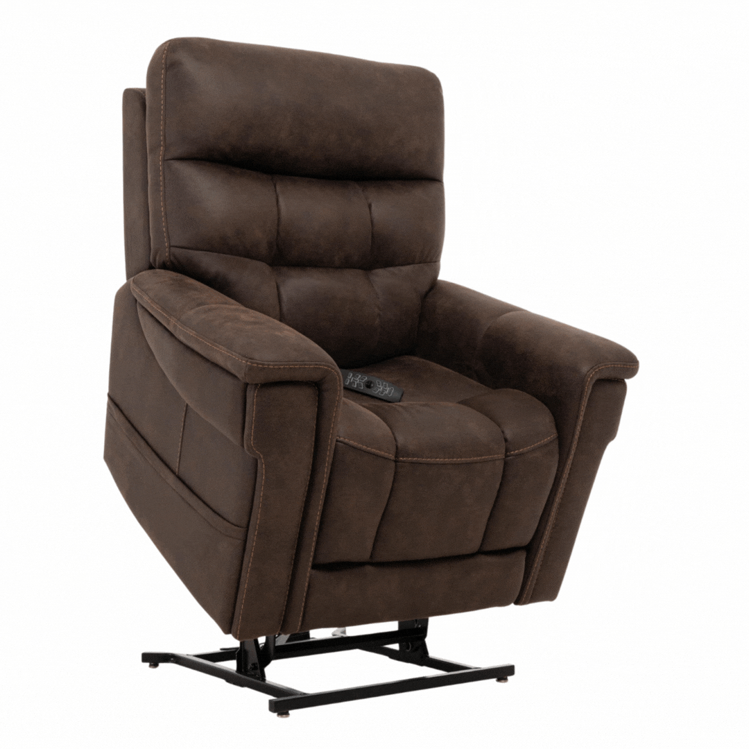 The Pride Mobility VivaLift! Radiance Recliner with Lift Assist & Heat is a brown leather power chair with visible stitching, a metal base, infinite positioning, lift assist, heat function, and a remote control on the seat.
